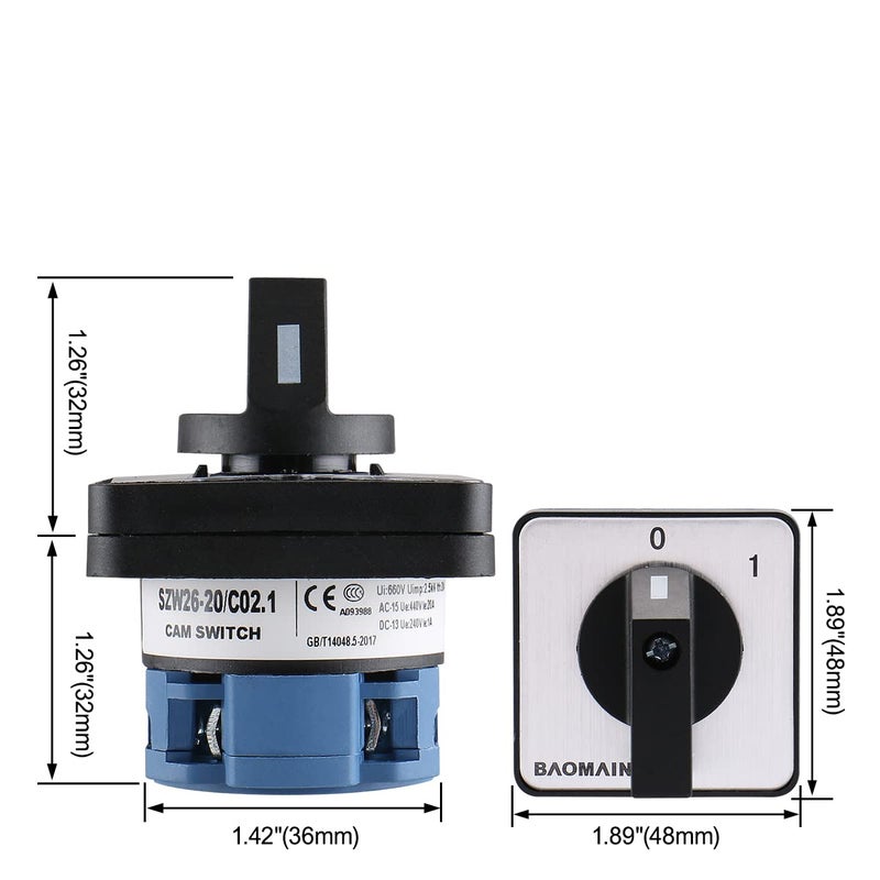 Baomain مفتاح تغيير مجموعة كام AC 660V 20A 2 وضعية 4 أطراف SZW26-20/C02.1 - Image 4